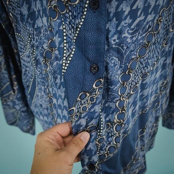 Chico's 3 Size XL Chain Link Houndstooth Collared Button Long Sleeve Modal Top - Picture 2 of 6